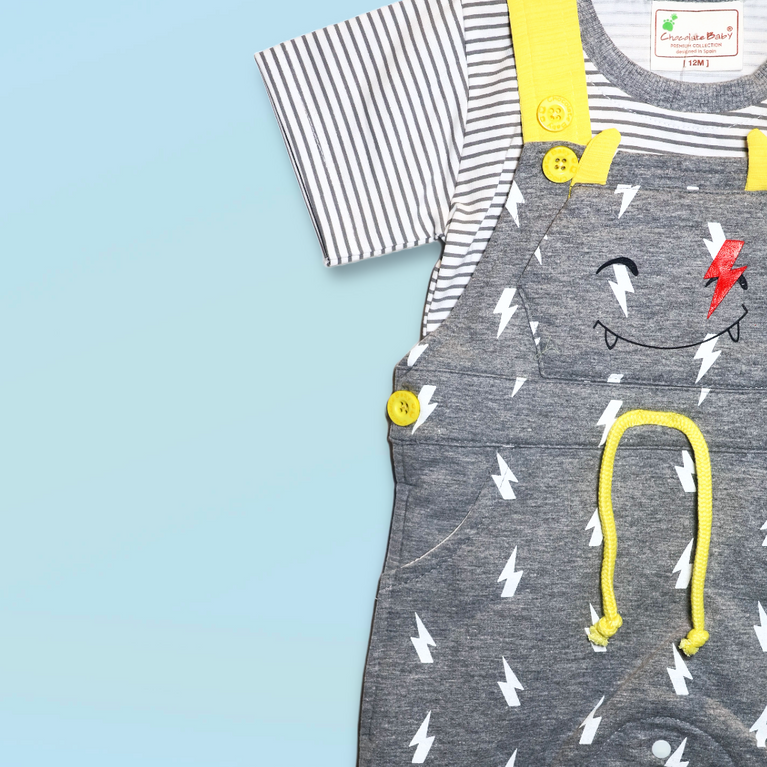 Chocolate Baby-Cotton Knit Dungaree & Half Sleeves T-Shirt With Thunder Print