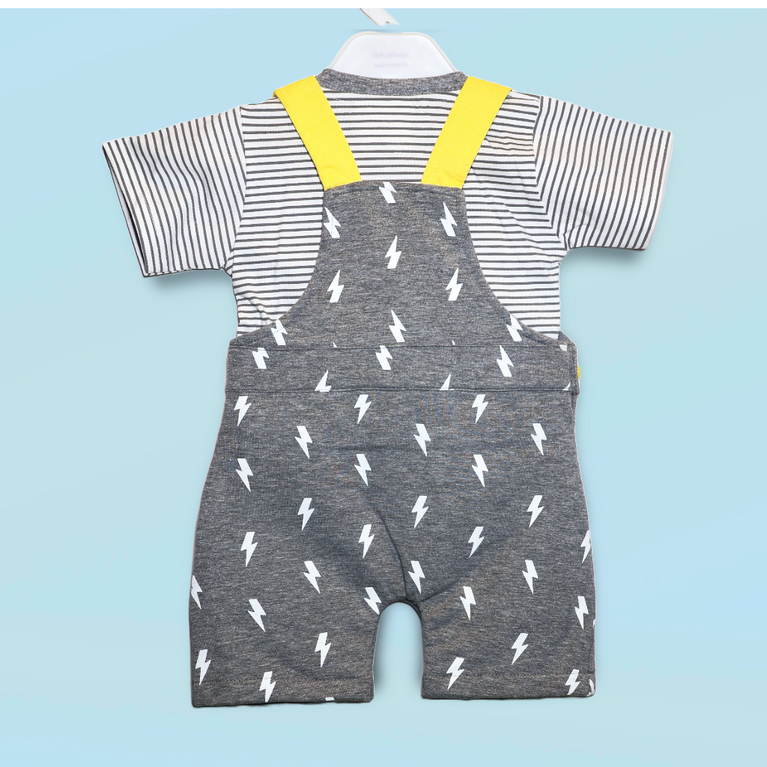 Chocolate Baby-Cotton Knit Dungaree & Half Sleeves T-Shirt With Thunder Print