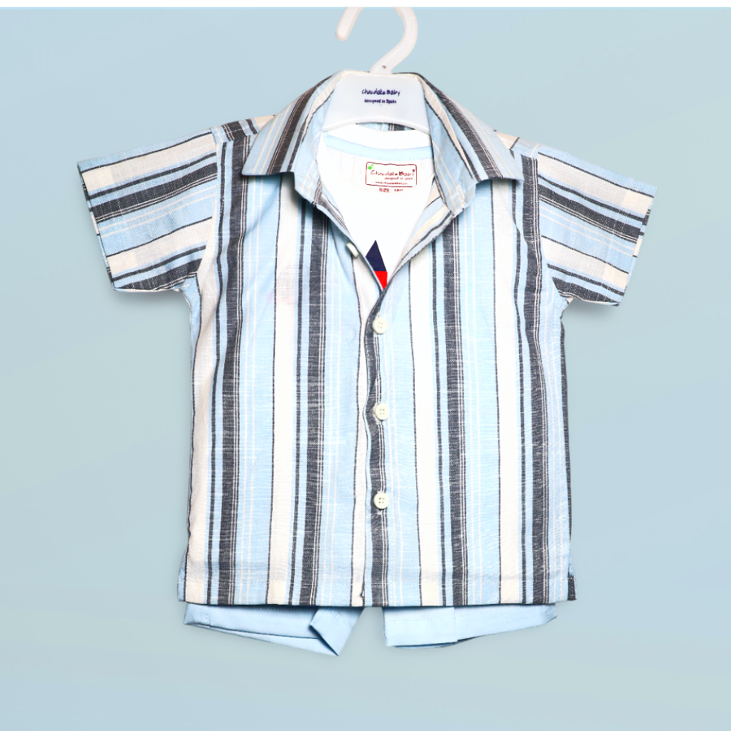 Chocolate baby- Knit Half Sleeves Party Shirt & Short Set With Space Rocket Printed T-Shirt