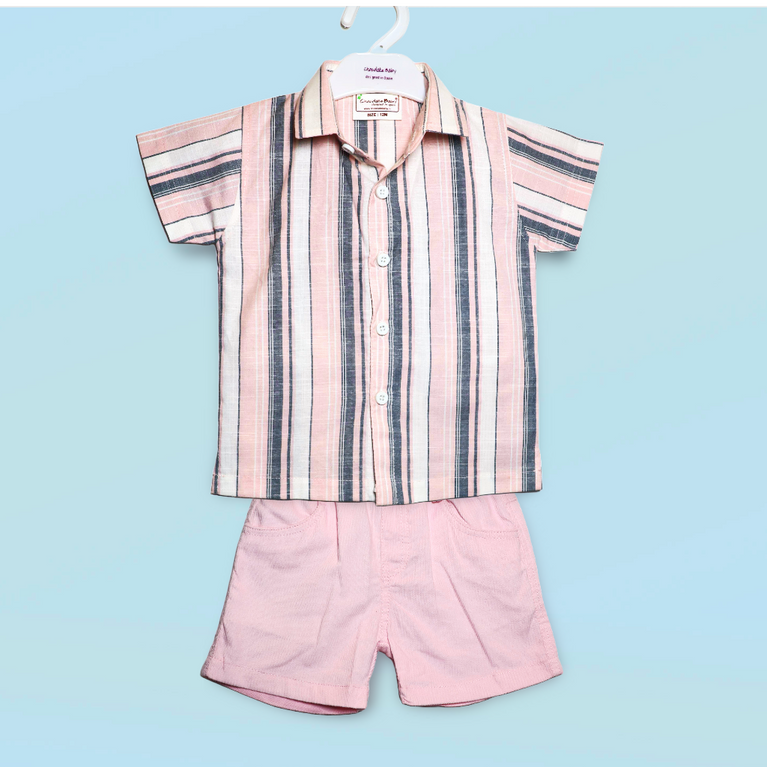 Chocolate baby- Knit Half Sleeves Party Shirt & Short Set With Space Rocket Printed T-Shirt