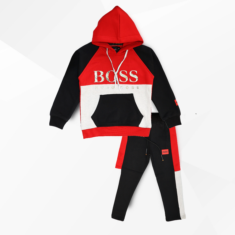 Boys Fleece Full Sleeves Winter Wear Hoodie & Lounge Pant Set Boss Print-Multicolor