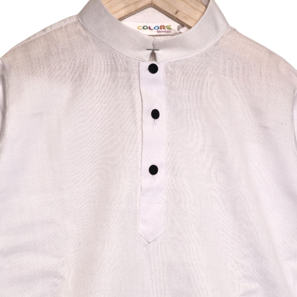 Colors Junior- Mandarin Collar Plain White Full Sleeves Regular Kurta Pajama Set