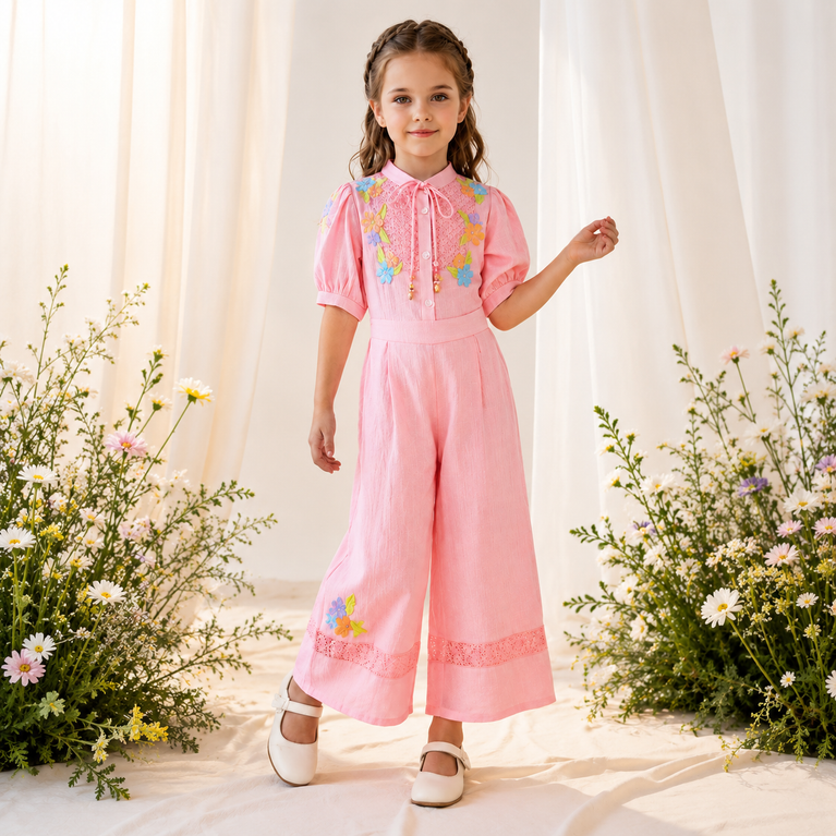 Girls Pink Floral Embroidered Wide-Leg Co-Ord Set