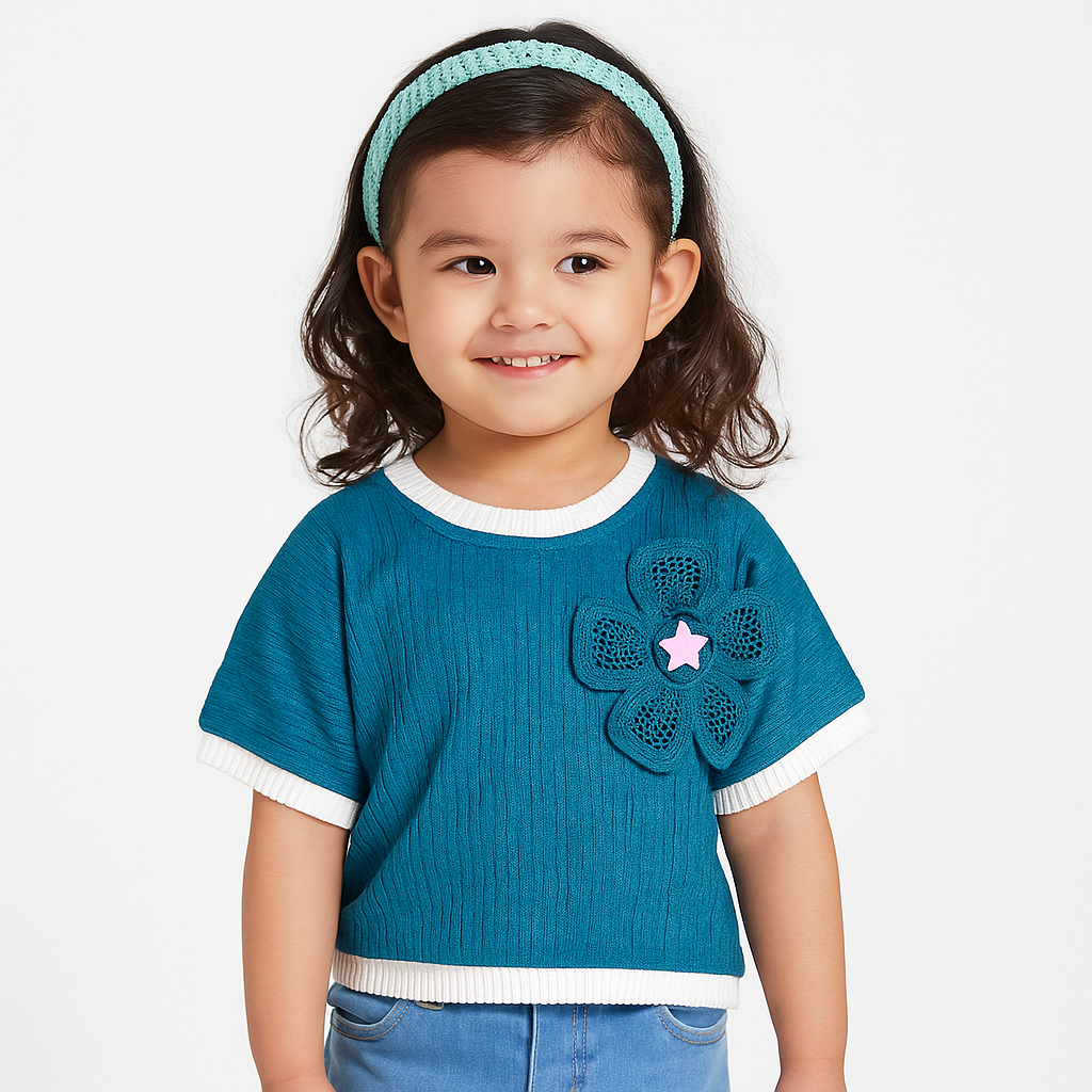 Nicky Kids-Cute Teal Blue Ribbed Baby Girl Top with White Trim & Crochet Flower