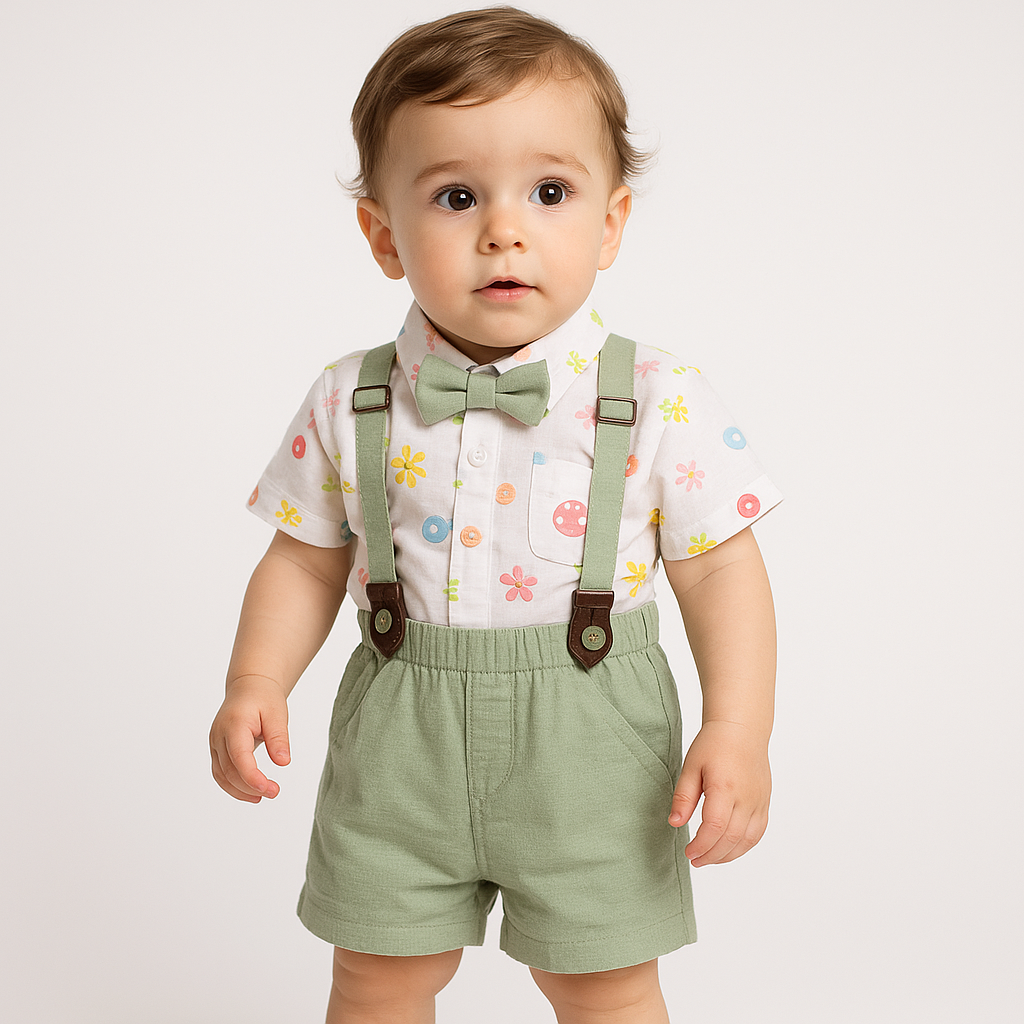 Chocolate Baby- Cotton Knit Pastel floral shirt with sage green shorts, matching bow tie & suspenders Set