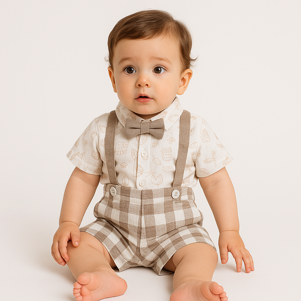 Chocolate Baby- Cotton Knit Print Shirt with Checkered Shorts, Bow Tie & Suspenders Set