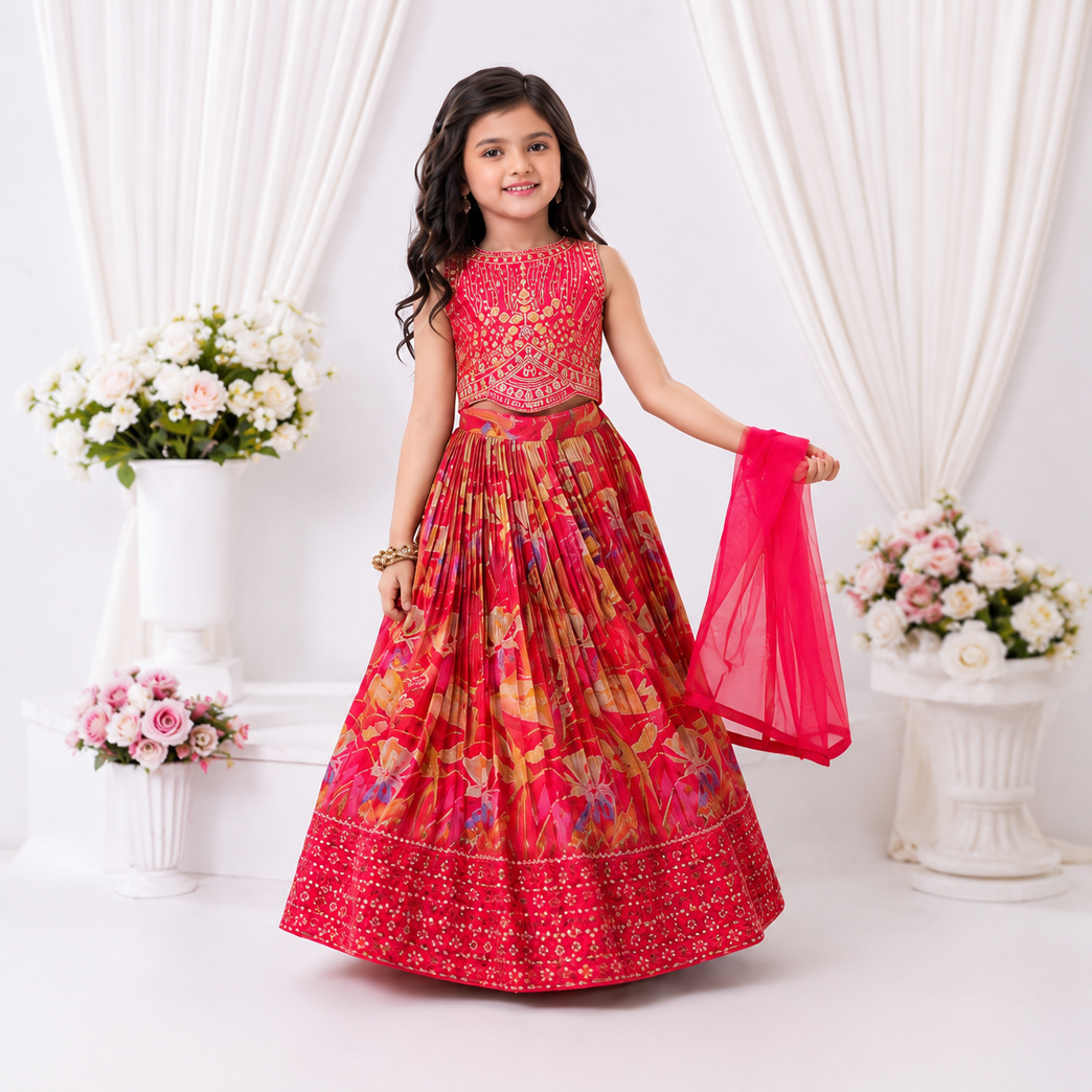Girls Floral Printed Embroidered Lehenga Choli Set with Dupatta – Pink & Red Festive Ethnic Wear