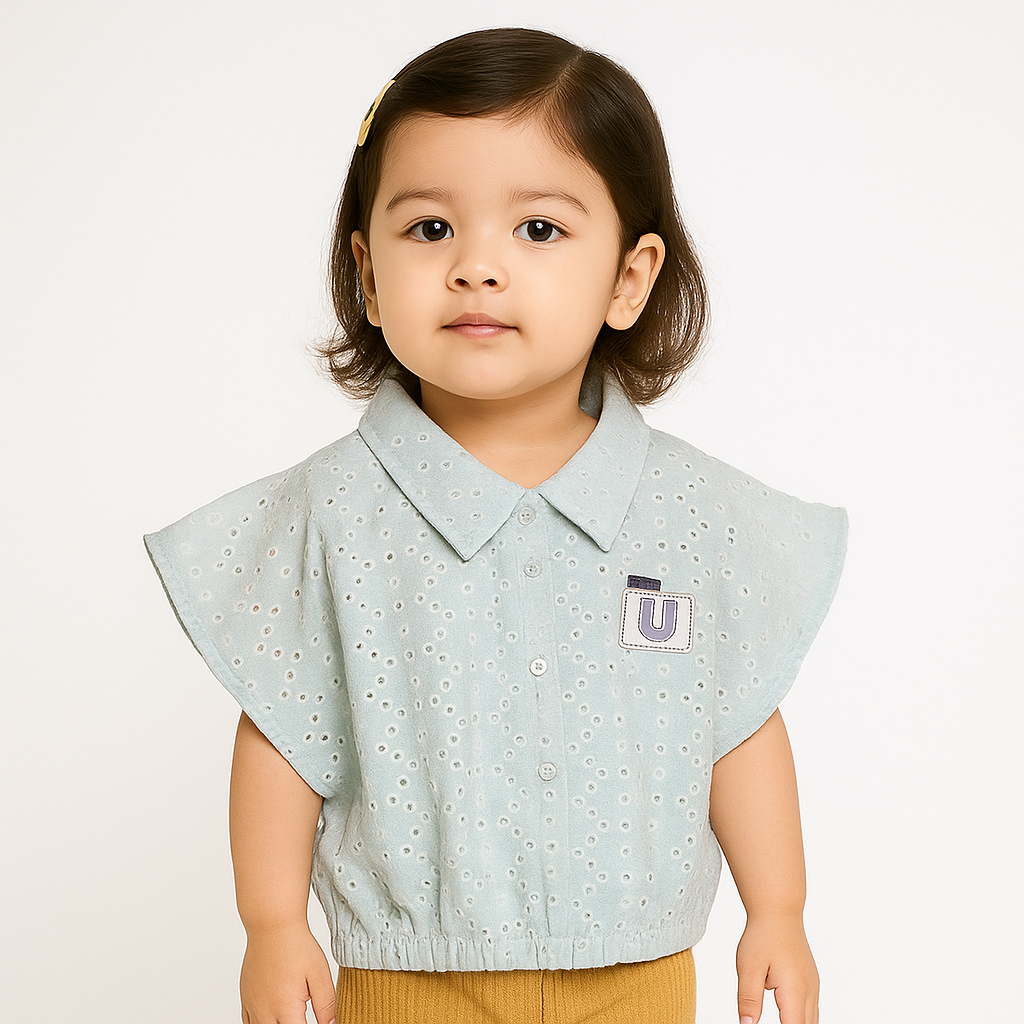 Nicky Kids- Girls’ Sky Blue Embroidered Cotton Top with Collar