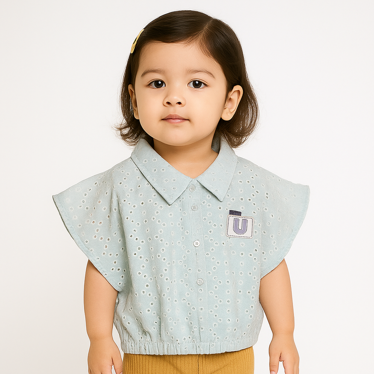 Nicky Kids- Girls’ Sky Blue Embroidered Cotton Top with Collar