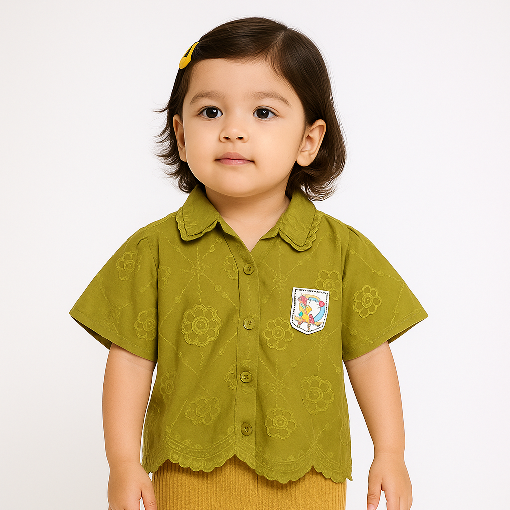 Nicky Kids - Girls Embroidered Cotton Top with Collar – Olive Green
