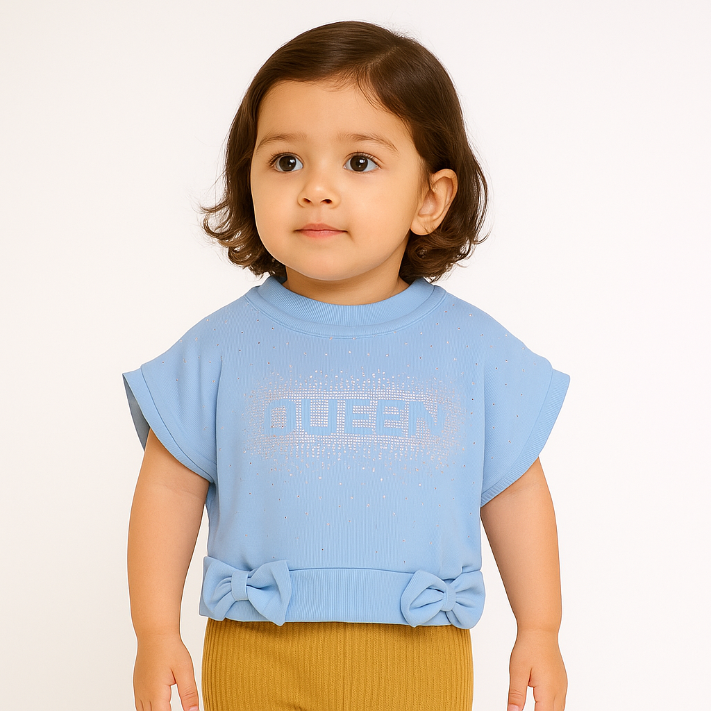 Nicky Kids -  Baby Girls Blue Crop Top with Rhinestone “QUEEN” Print & Bows