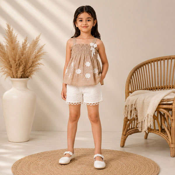 Beige Floral Embroidered Co-ord Set for Girls