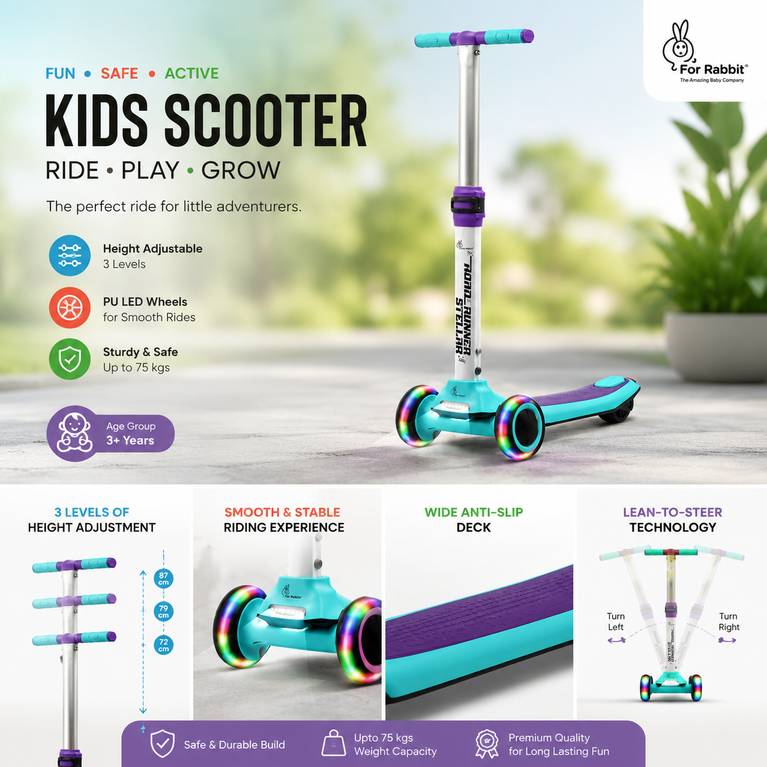 R for Rabbit Road Runner Stellar Kids Scooter with Bluetooth Music & Lights 3 Level Height Adjustable LED PU Wheels Kick Scooter