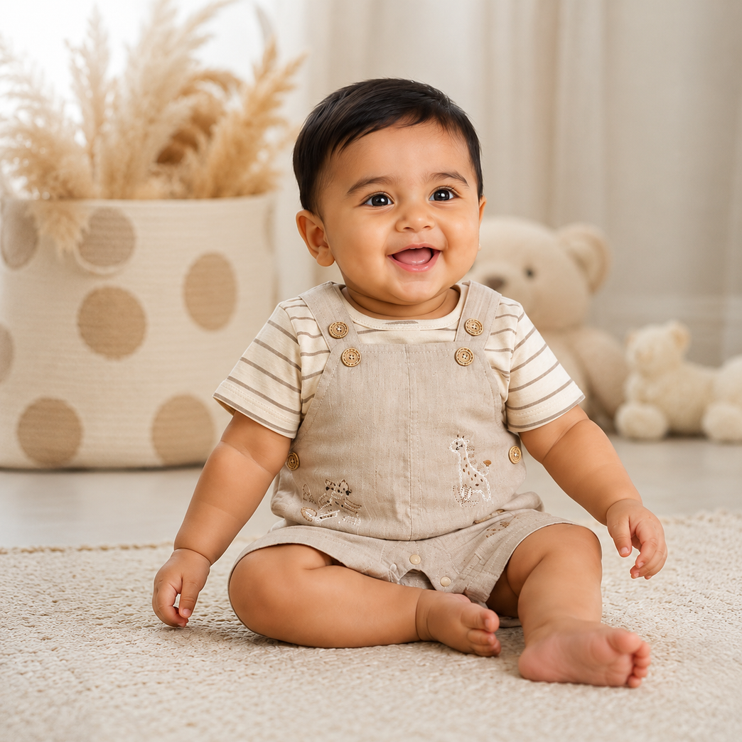 Safari Friends Newborn Dungaree Romper Set | Soft Cotton Baby Outfit with Striped Tee | Beige Baby Summer Wear for Boys & Girls
