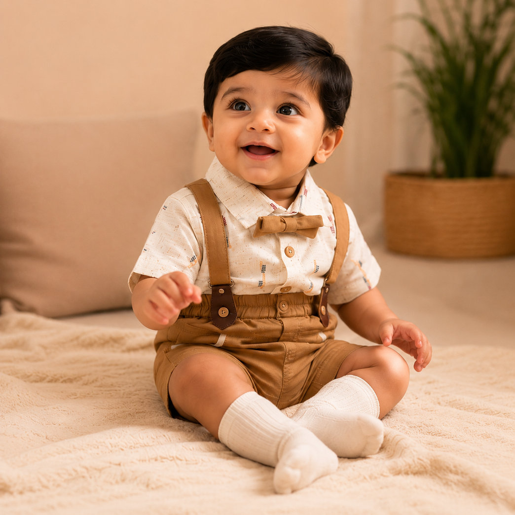 Baby Boys Gentleman Suspender Shorts Set with Bow Tie & Printed Shirt | Premium Infant Party Wear Outfit