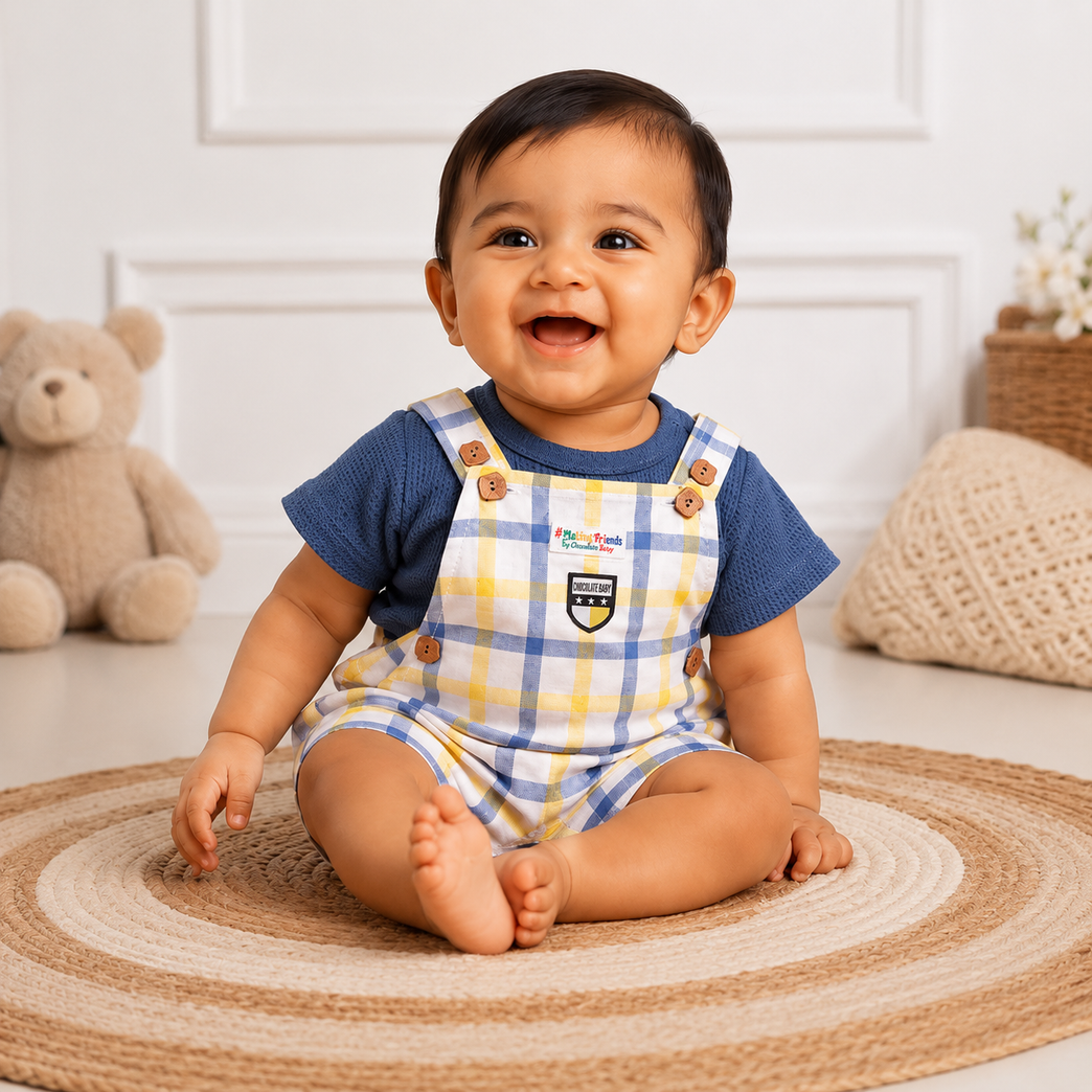 Blue & Yellow Checked Baby Dungaree Romper Set with Textured Tee | Soft Cotton Summer Outfit for Boys