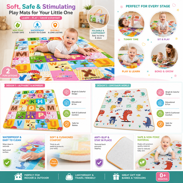 Premium 5mm Foam Baby Play Mat | Double-Sided Foldable Activity Mat for Kids | Waterproof & Cushioned Floor Play Mat (6ft x 4ft)