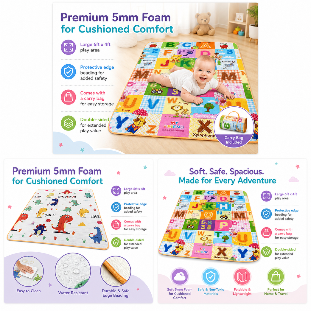 Premium 5mm Foam Baby Play Mat | Double-Sided Foldable Activity Mat for Kids | Waterproof & Cushioned Floor Play Mat (6ft x 4ft)