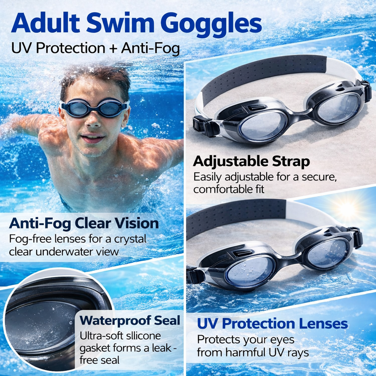 Swimming Goggles for Kids and Adults Anti Fog UV Protection Adjustable Strap Summer Swim Gear