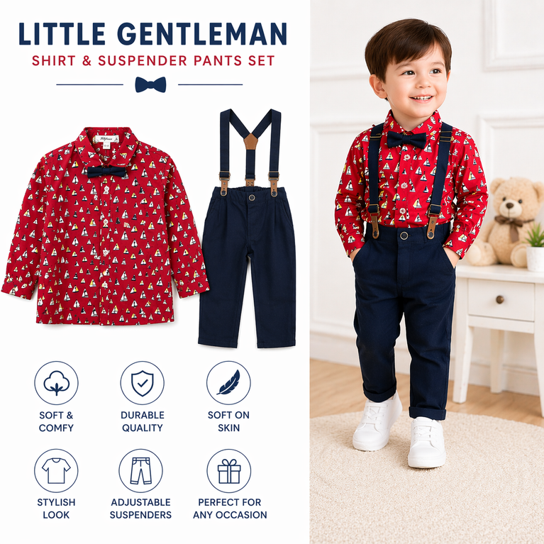 Boys Nautical Print Shirt with Bow Tie & Suspender Pants Set – Stylish Kids Formal Outfit