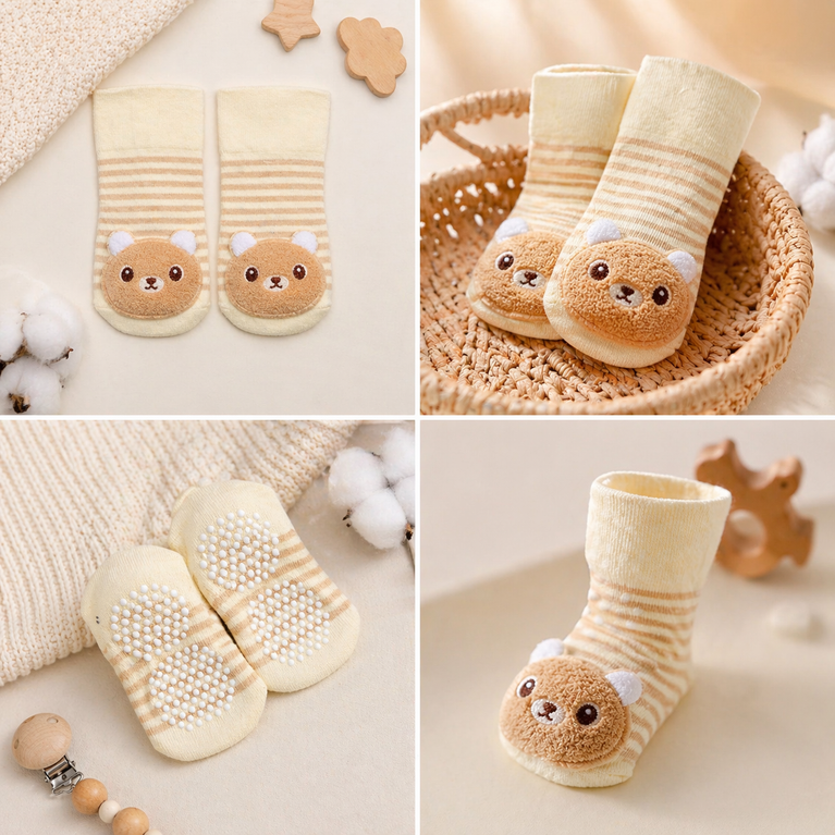 Cute Teddy Bear Baby Socks – Soft Cotton Striped Socks for Infants & Toddlers