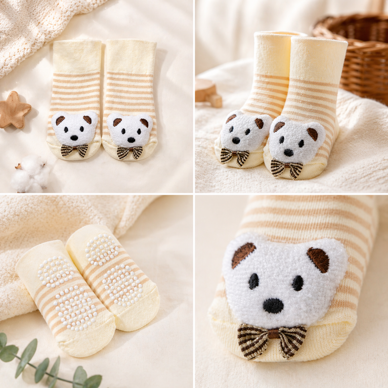 Adorable Teddy Bear Baby Socks – Soft Cotton Anti-Slip Infant Socks