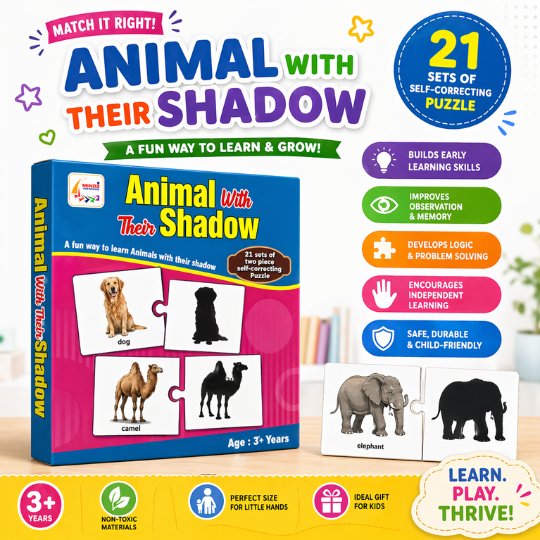 Animal with Their Shadow Puzzle Cards for Kids (Age 3+)