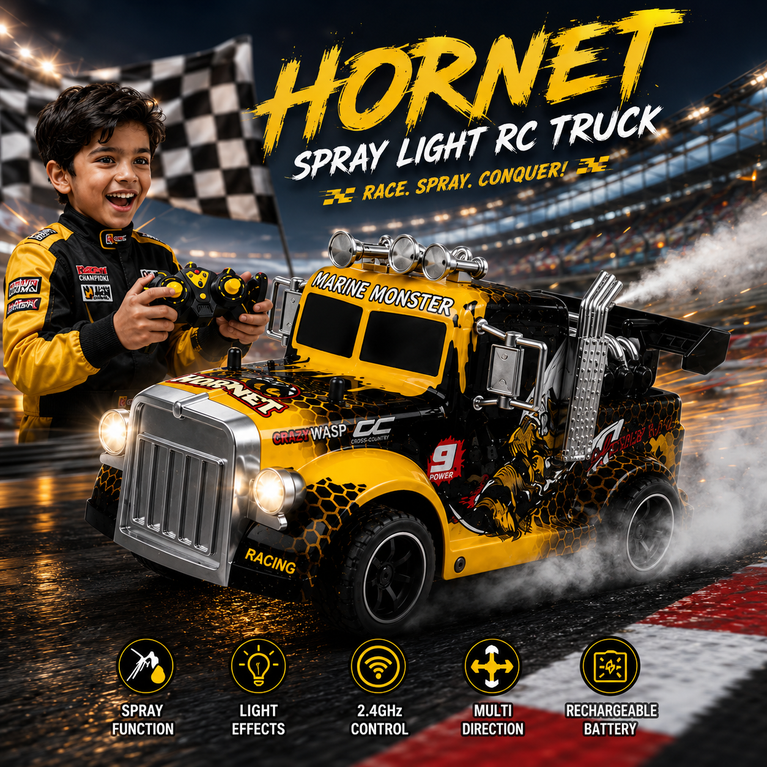 Hornet RC Spray Light Truck with 2.4GHz Remote Control, LED Lights &amp; Mist Spray – Rechargeable Racing Toy for Kids