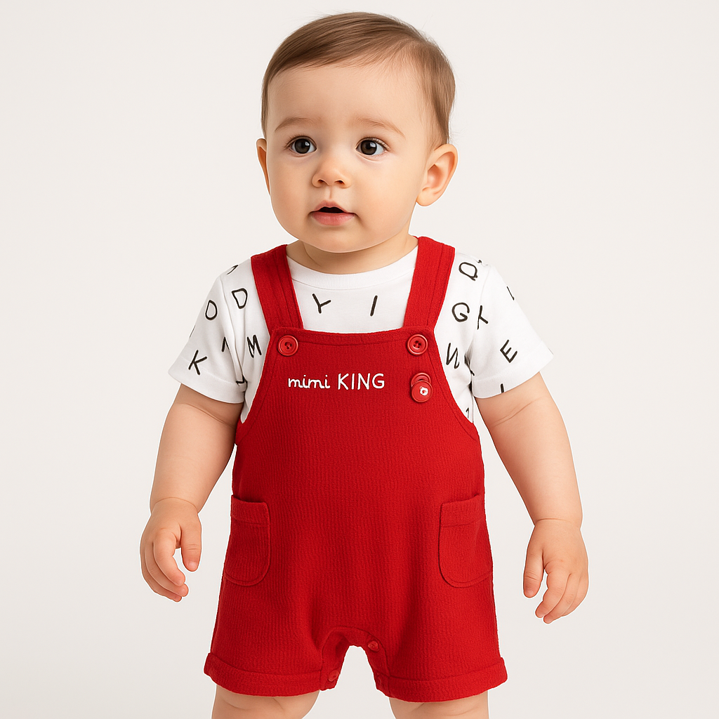 Chocolate Baby -Cotton Knit Dungaree & Half Sleeves T-Shirt With Text Print - Red & White