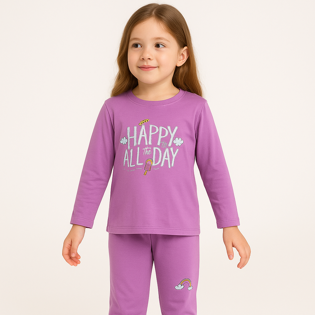 Nino's Full Sleeve T-shirt and Pant set Happy All Day Text print design