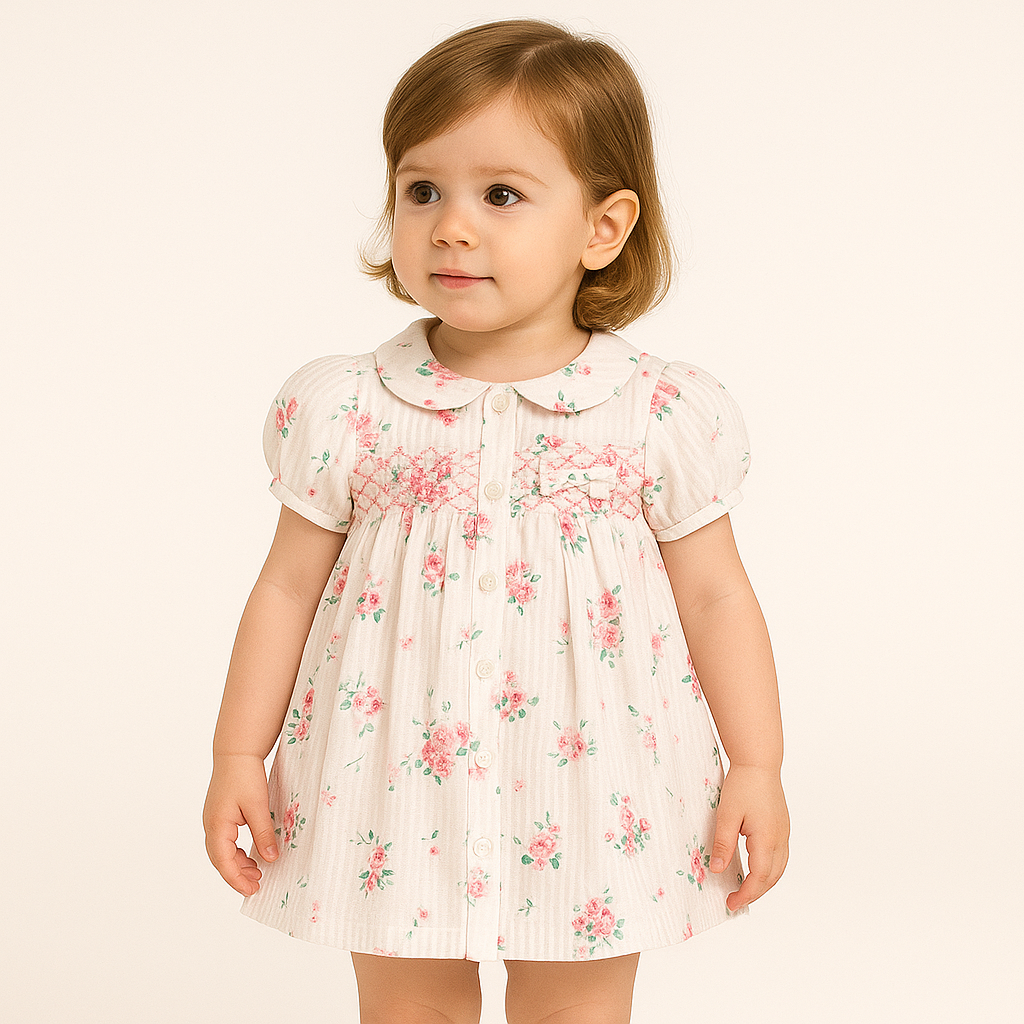 Ninos- Cotton Woven Half Puffed Sleeves Frock with Floral Print