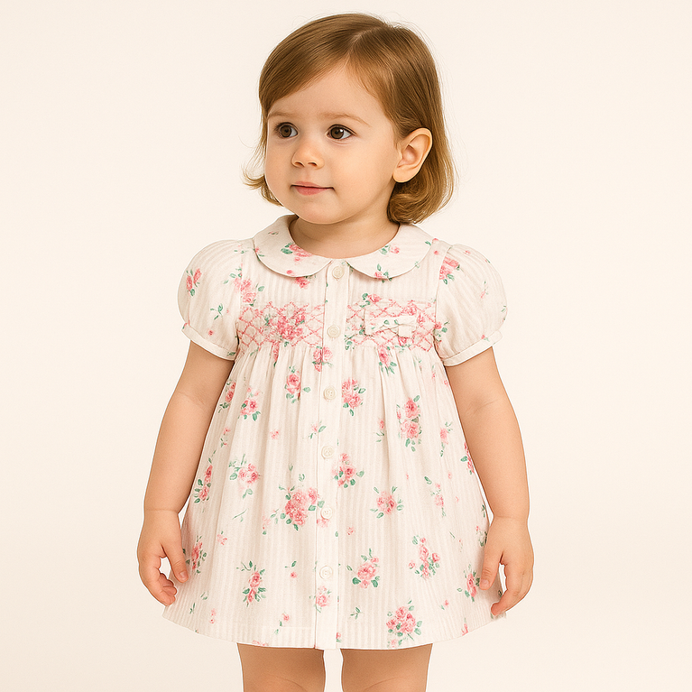 Ninos- Cotton Woven Half Puffed Sleeves Frock with Floral Print