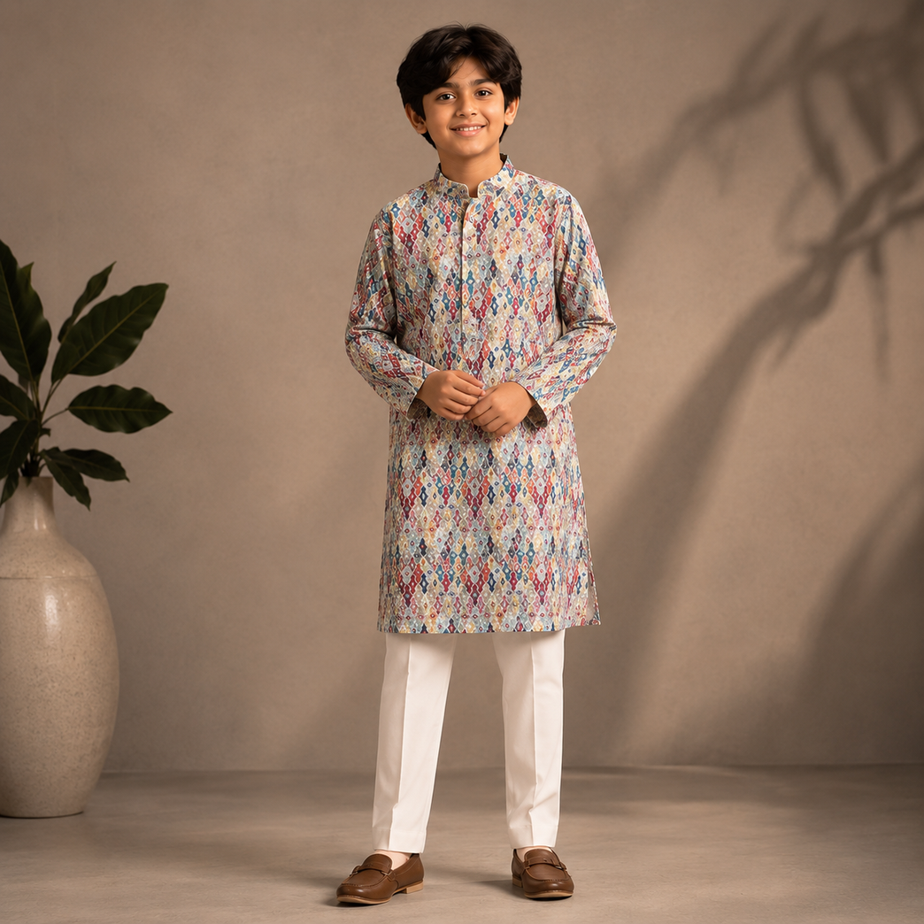 Boys Multicolor Printed Kurta Set – Festive Ethnic Wear
