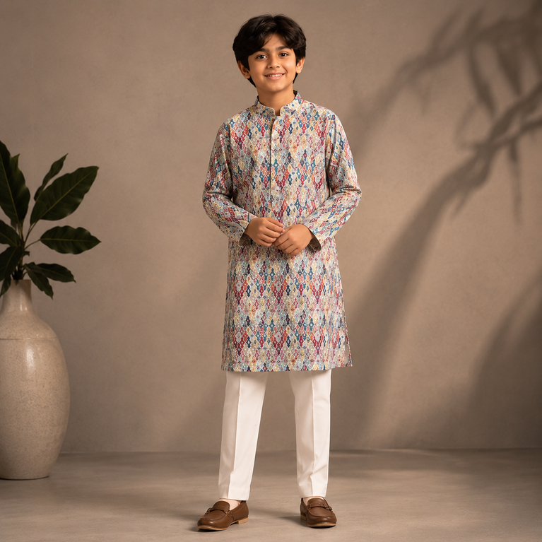 Boys Multicolor Printed Kurta Set – Festive Ethnic Wear