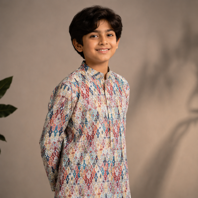 Boys Multicolor Printed Kurta Set – Festive Ethnic Wear