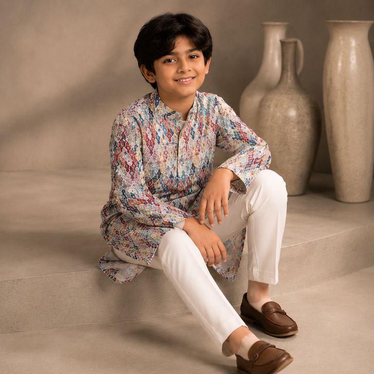 Boys Multicolor Printed Kurta Set – Festive Ethnic Wear