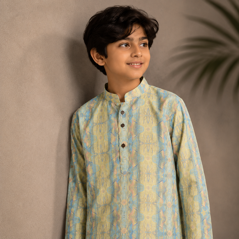 Boys Pastel Blue Printed Kurta Set – Premium Ethnic Festive Wear