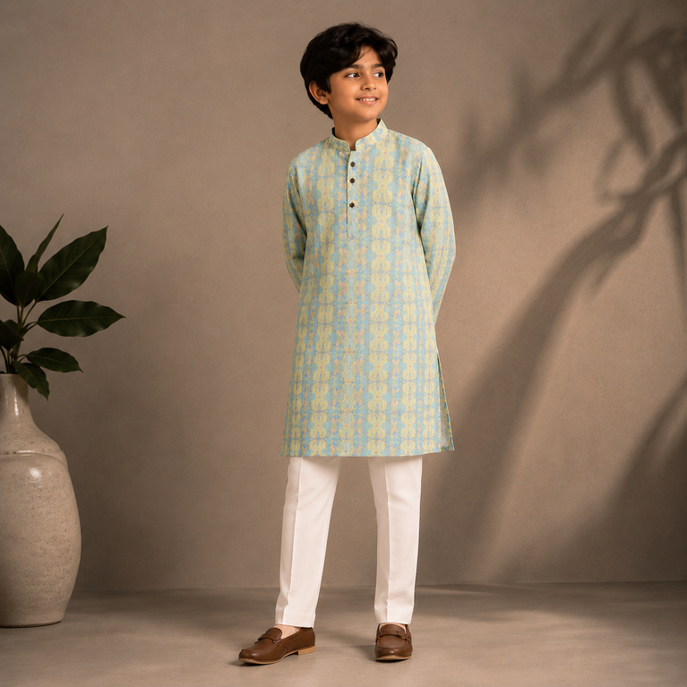Boys Pastel Blue Printed Kurta Set – Premium Ethnic Festive Wear