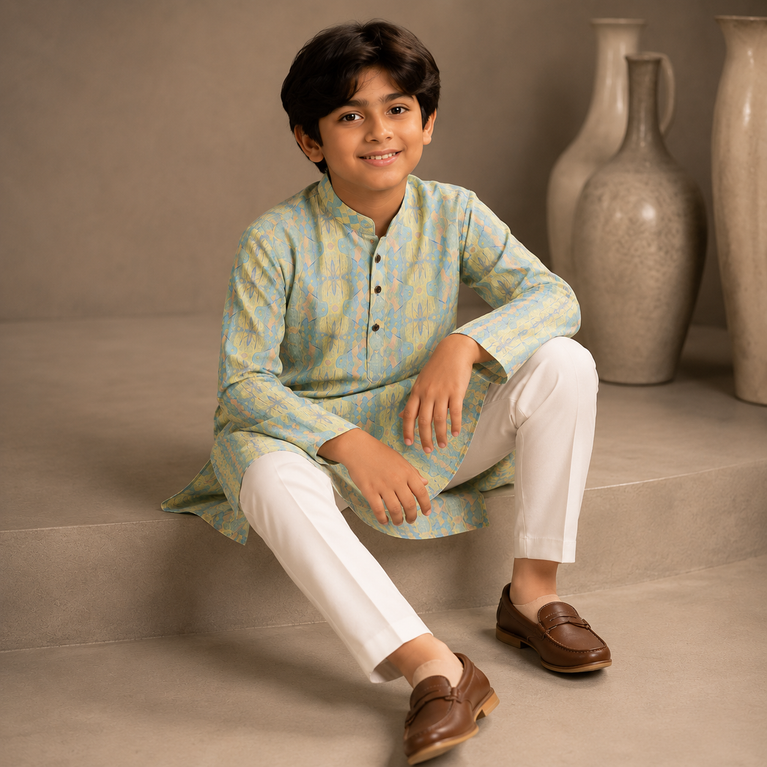 Boys Pastel Blue Printed Kurta Set – Premium Ethnic Festive Wear