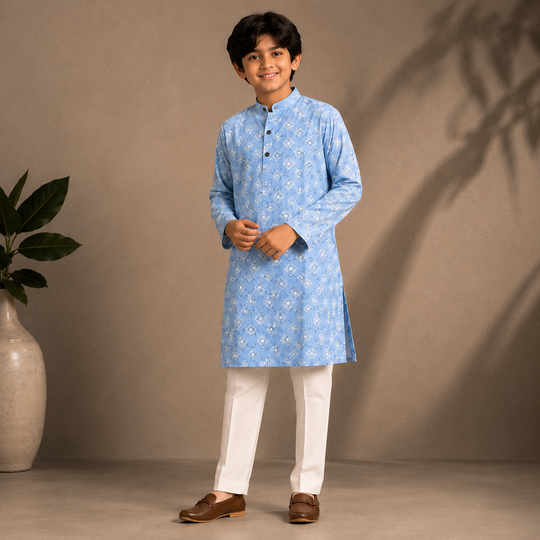Boys Sky Blue Printed Kurta Set – Elegant Festive Ethnic Wear