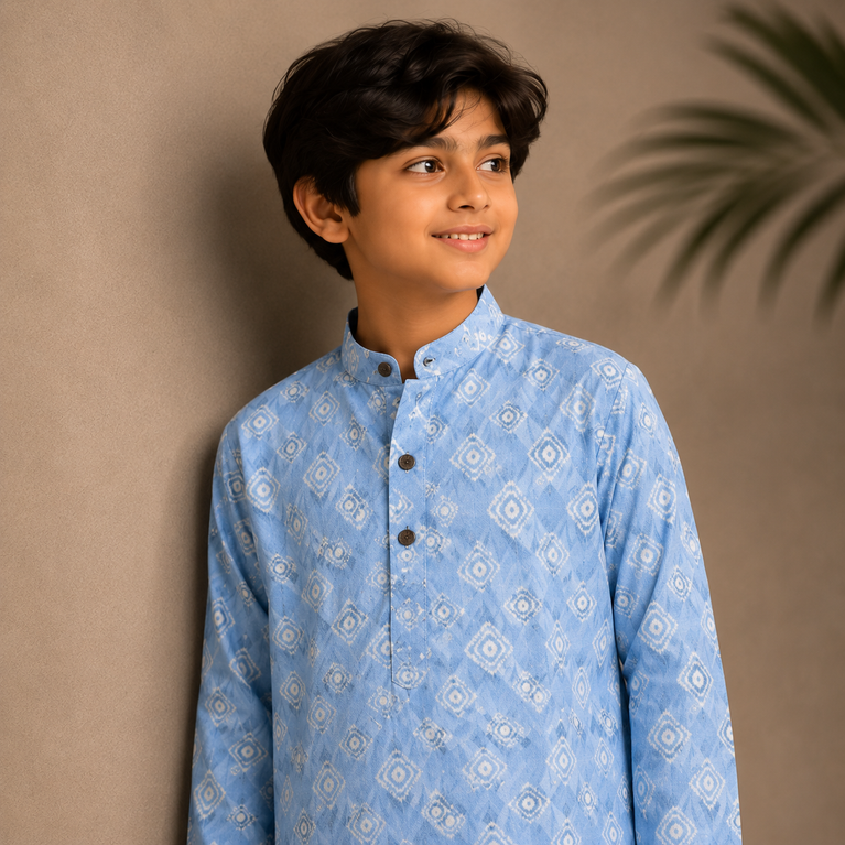 Boys Sky Blue Printed Kurta Set – Elegant Festive Ethnic Wear