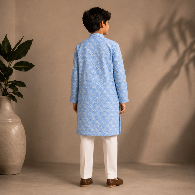 Boys Sky Blue Printed Kurta Set – Elegant Festive Ethnic Wear