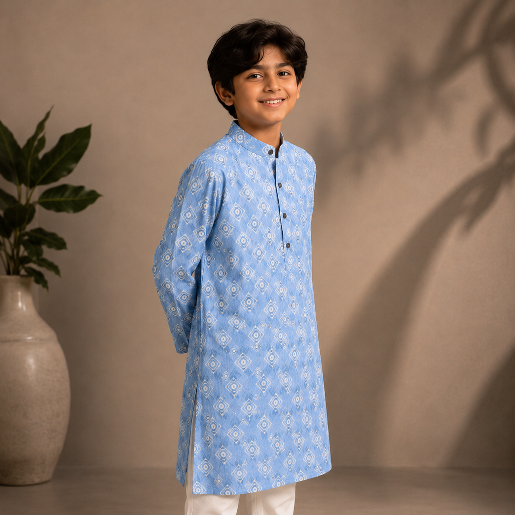 Boys Sky Blue Printed Kurta Set – Elegant Festive Ethnic Wear