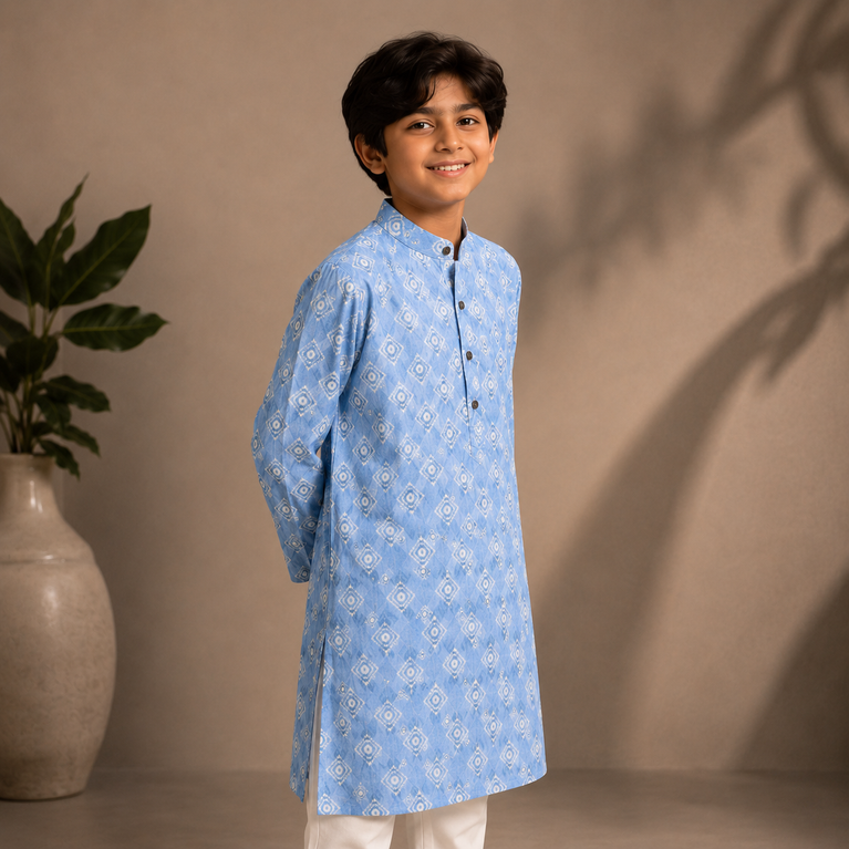 Boys Sky Blue Printed Kurta Set – Elegant Festive Ethnic Wear