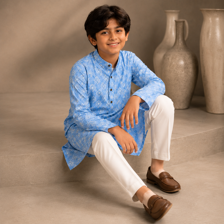 Boys Sky Blue Printed Kurta Set – Elegant Festive Ethnic Wear