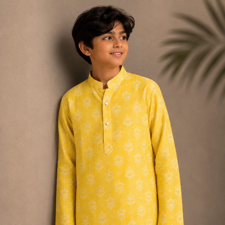 Boys Yellow Printed Kurta Set – Festive Ethnic Wear