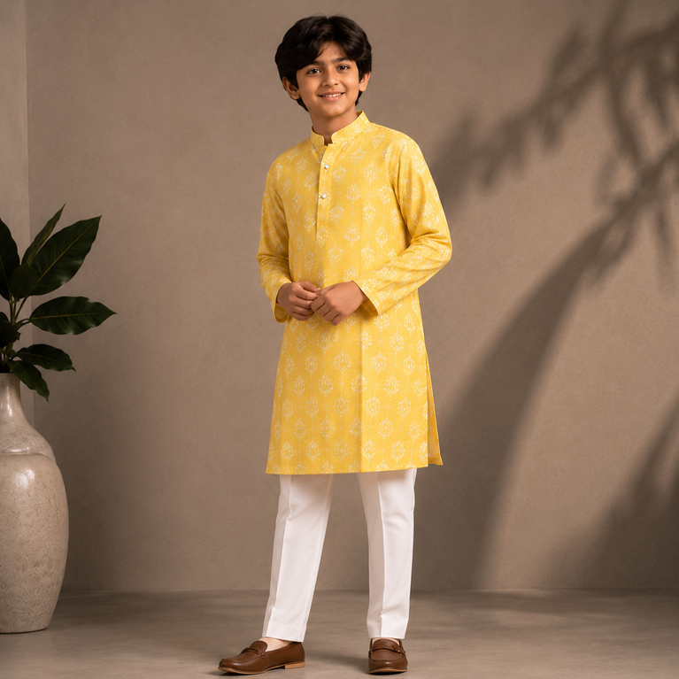 Boys Yellow Printed Kurta Set – Festive Ethnic Wear
