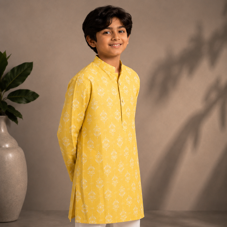 Boys Yellow Printed Kurta Set – Festive Ethnic Wear
