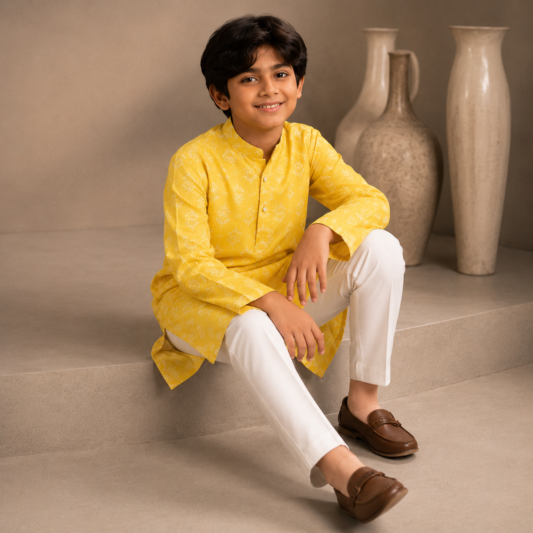 Boys Yellow Printed Kurta Set – Festive Ethnic Wear