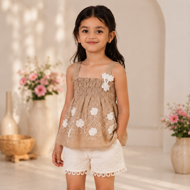 Beige Floral Embroidered Co-ord Set for Girls